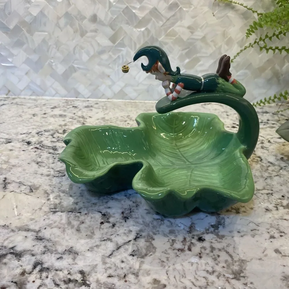 Department 56 Elf pixie Candy‎ Dish Green Clover Christmas St Patrick's Ceramic